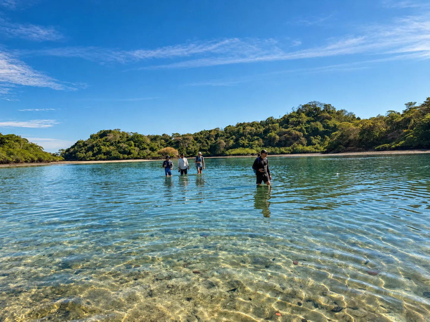 Expedition group wading across a clear, shallow island lagoon in Panama