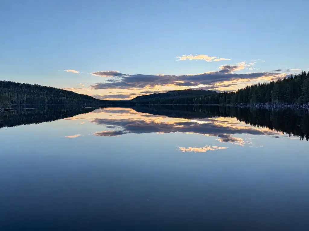Calm forest lake reflecting the sky at dusk