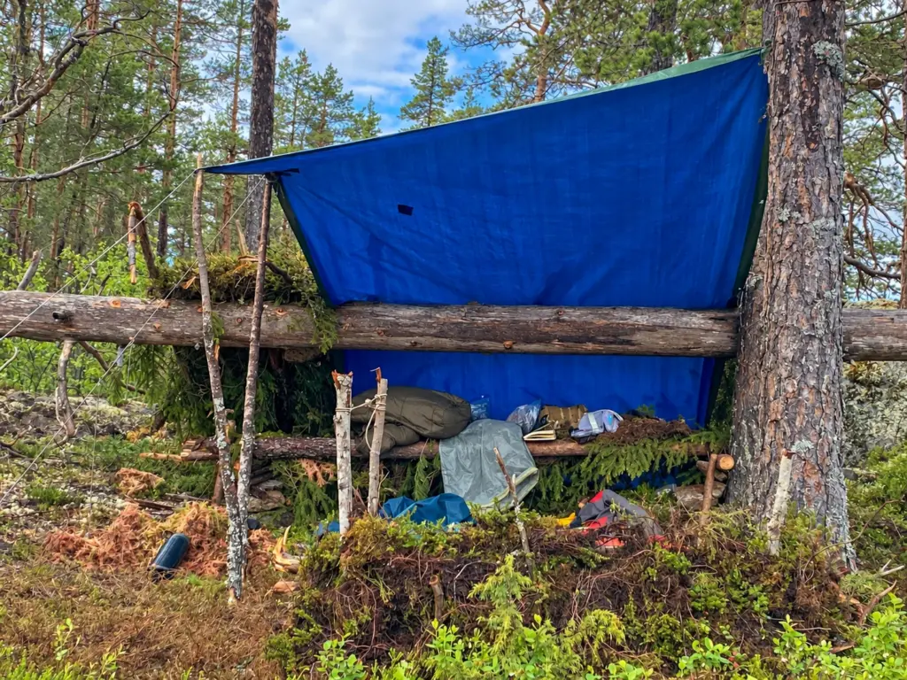 Blue tarp shelter at a forest camp with gear underneath