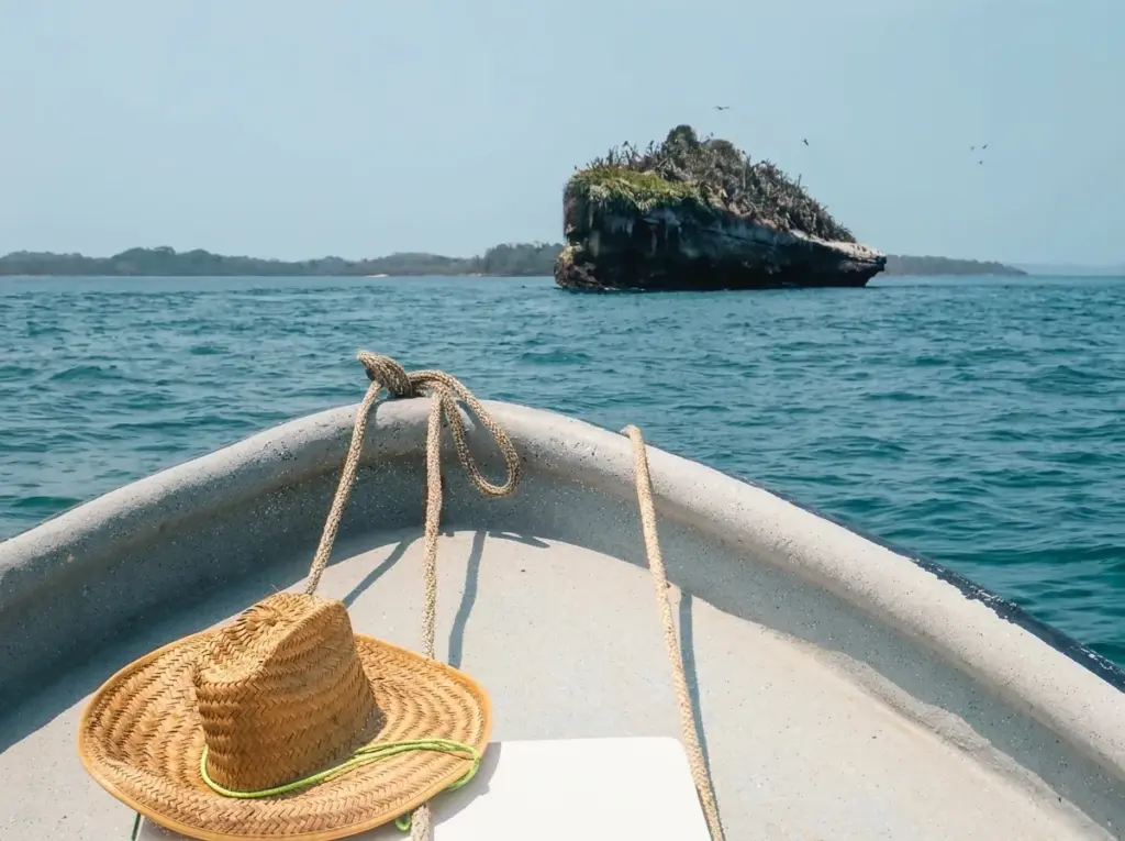 Bow of a small boat heading toward a rocky islet