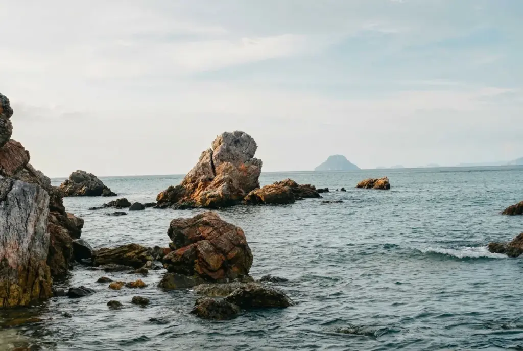 Rocky coastline of a remote island scouted as a survival site
