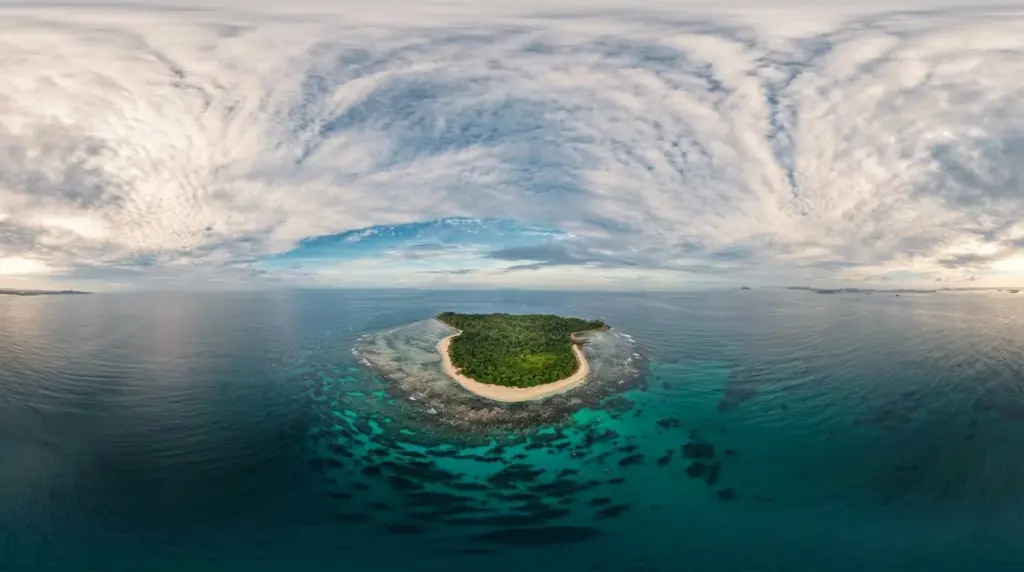 Aerial view of a tiny forested island ringed by reef in open ocean