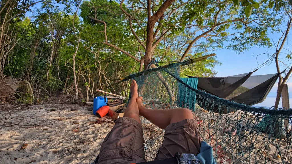 View from a hammock in a shaded mangrove camp