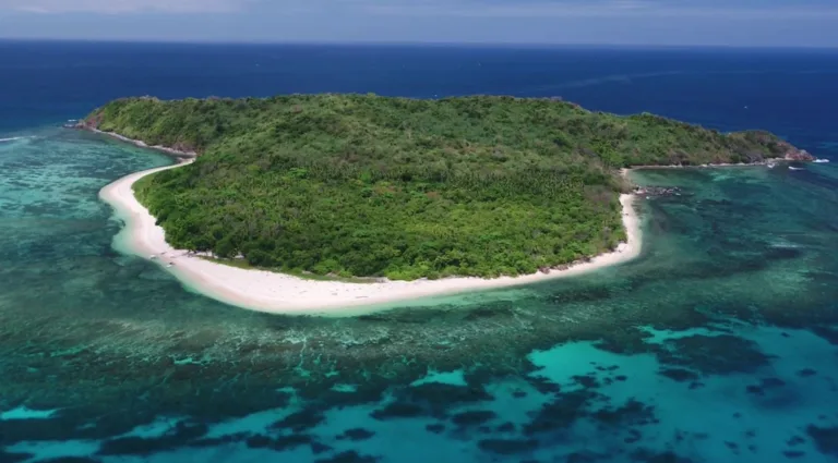 A lush, green island is surrounded by white sandy beaches and clear turquoise water with coral reefs—a perfect setting.