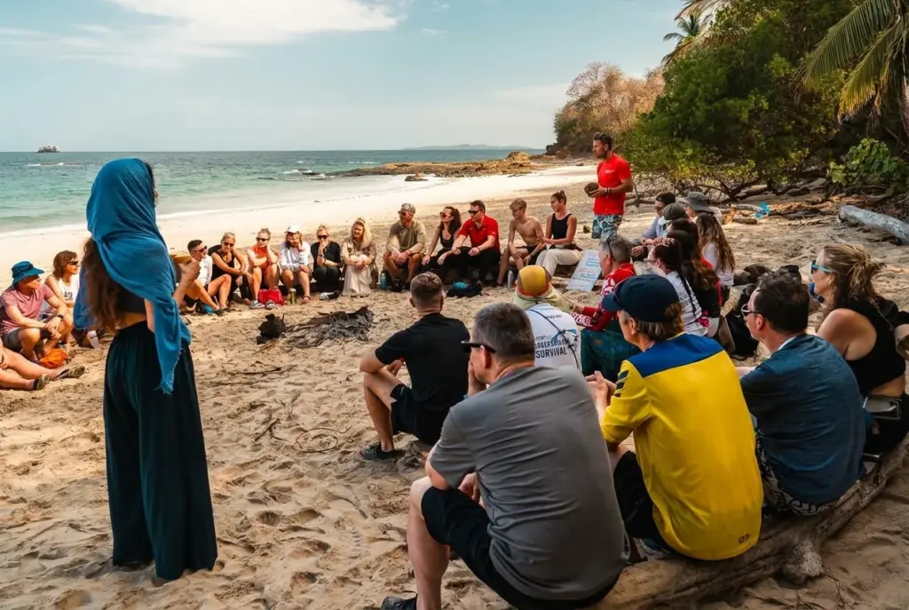 Team seated in a circle on the beach listening to an instructor