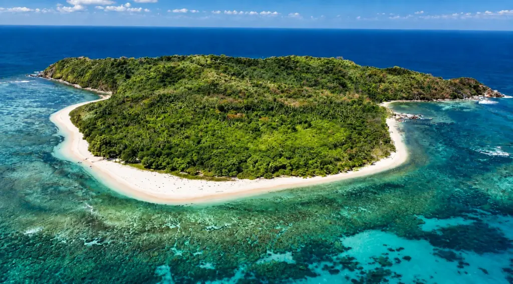 Aerial view of a forested Panama island ringed by white sand and reef