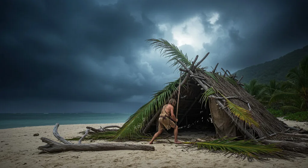 Man in makeshift shelter on a beach under stormy sky, evoking Robinson Crusoe's survival story.