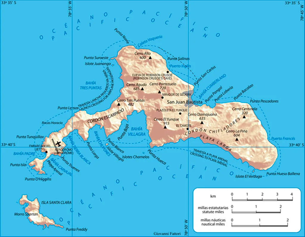 Map of Robinson Crusoe Island, Chile, highlighting key locations like San Juan Bautista and Bahia Cumberland.
