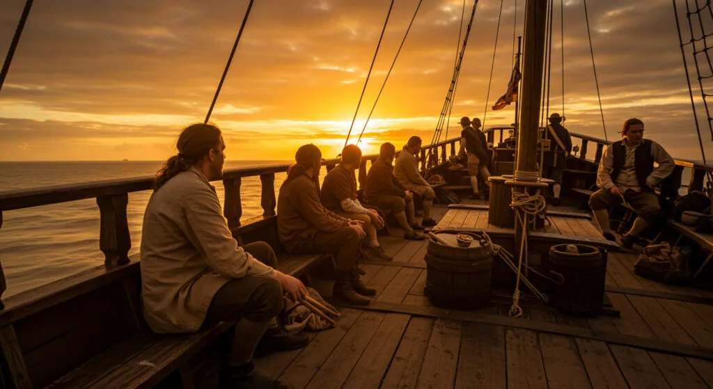 Ship crew on deck at sunset, evoking the Robinson Crusoe story.