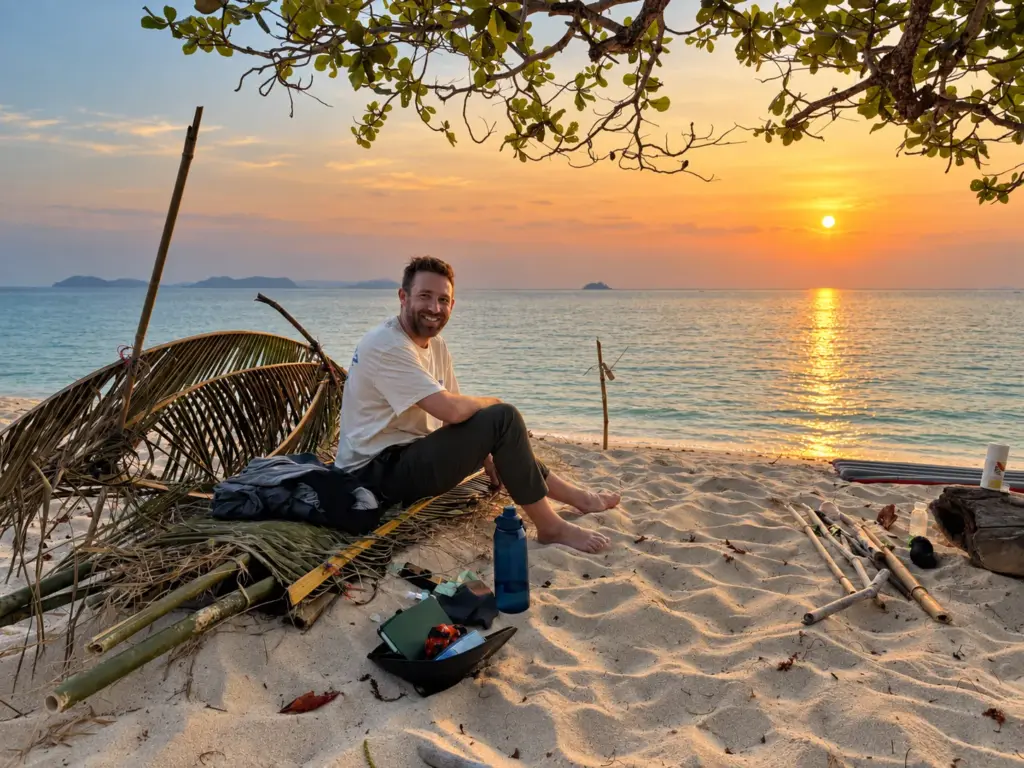 Man sitting on a quiet island beach at sunset beside his shelter materials