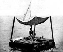 Man adrift on raft with sail and makeshift canopy. A famous castaway surviving at sea.