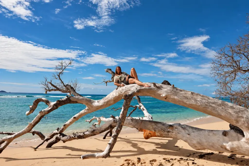 Participant lounging on a huge driftwood tree on a tropical beach