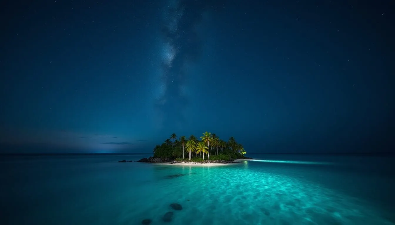 Maldives: Tropical island under starry night sky, turquoise water.