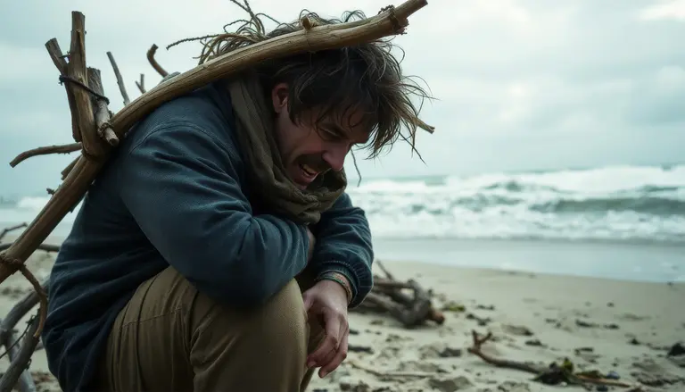 A person sits on a sandy beach near the water, clutching their knees in discomfort and appearing upset, with driftwood on.