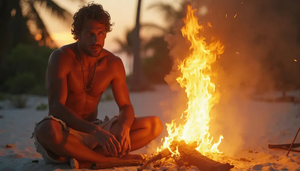Man by campfire on beach, ready for a desert island survival adventure