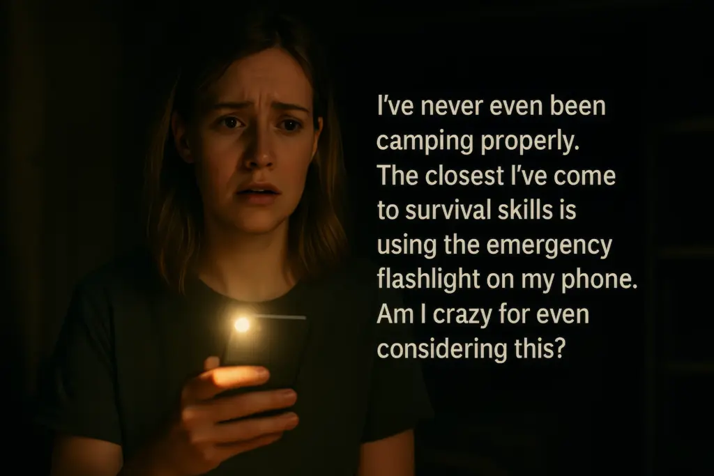 Worried woman using phone flashlight in dark. Text: "Am I crazy for even considering this?