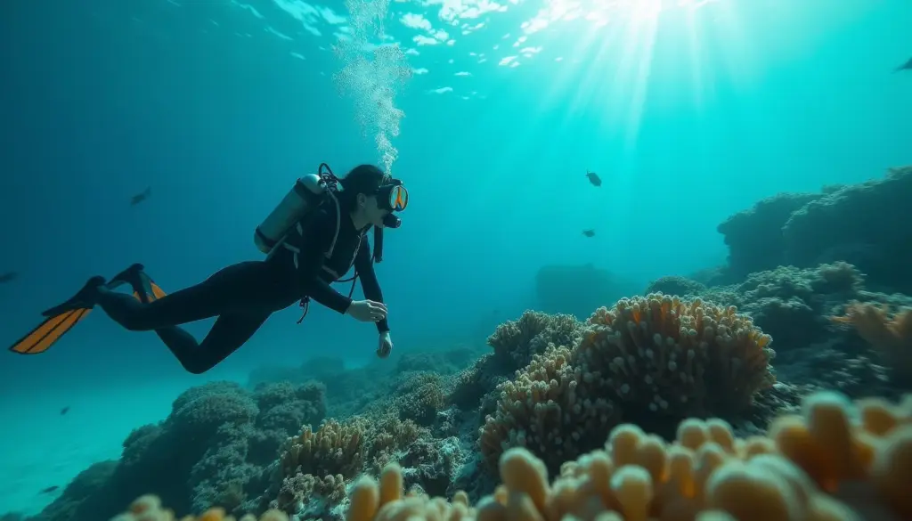 Scuba diver explores vibrant coral reef with sun rays filtering through the water. Underwater adventure.