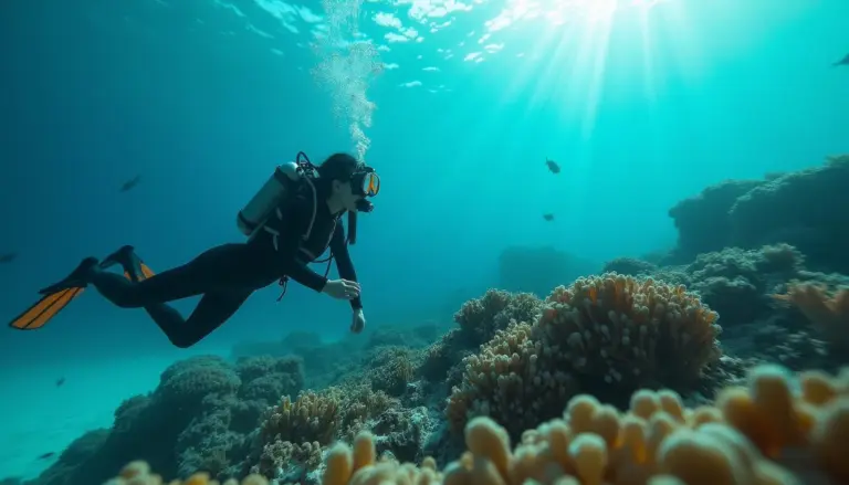 Scuba diver explores vibrant coral reef with sun rays filtering through the water. Underwater adventure.