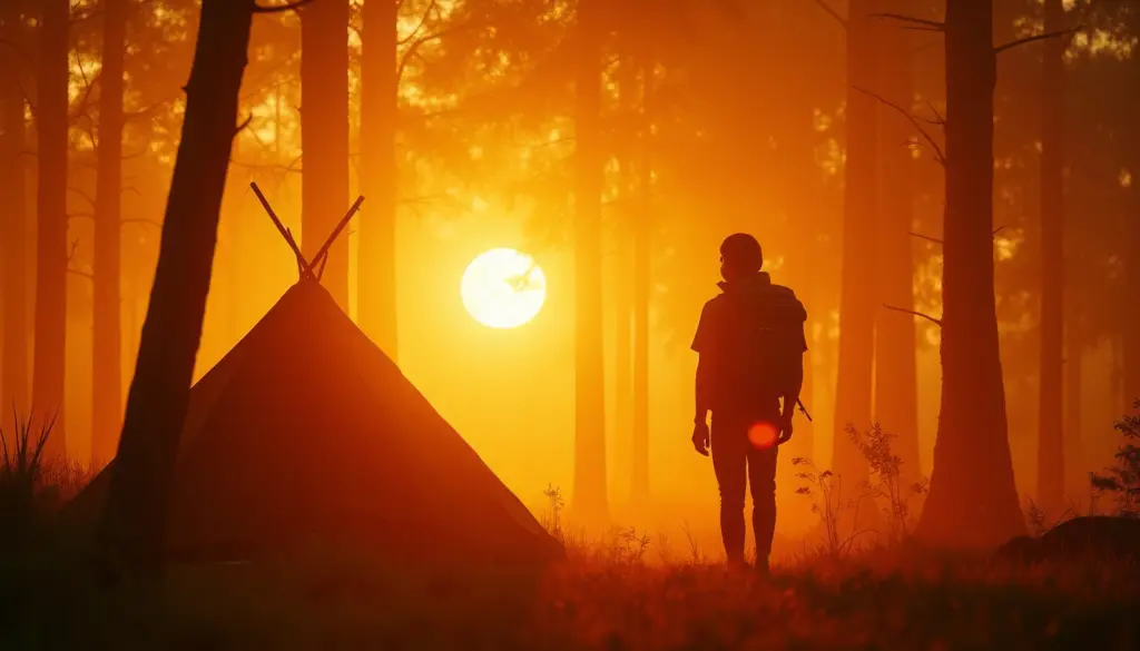 Silhouette of a hiker with a tent at sunset in a forest. Desert island survival adventure imagery.