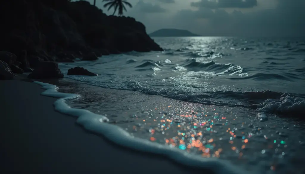Night view of ocean waves on a sandy beach with a silhouetted island in the distance.