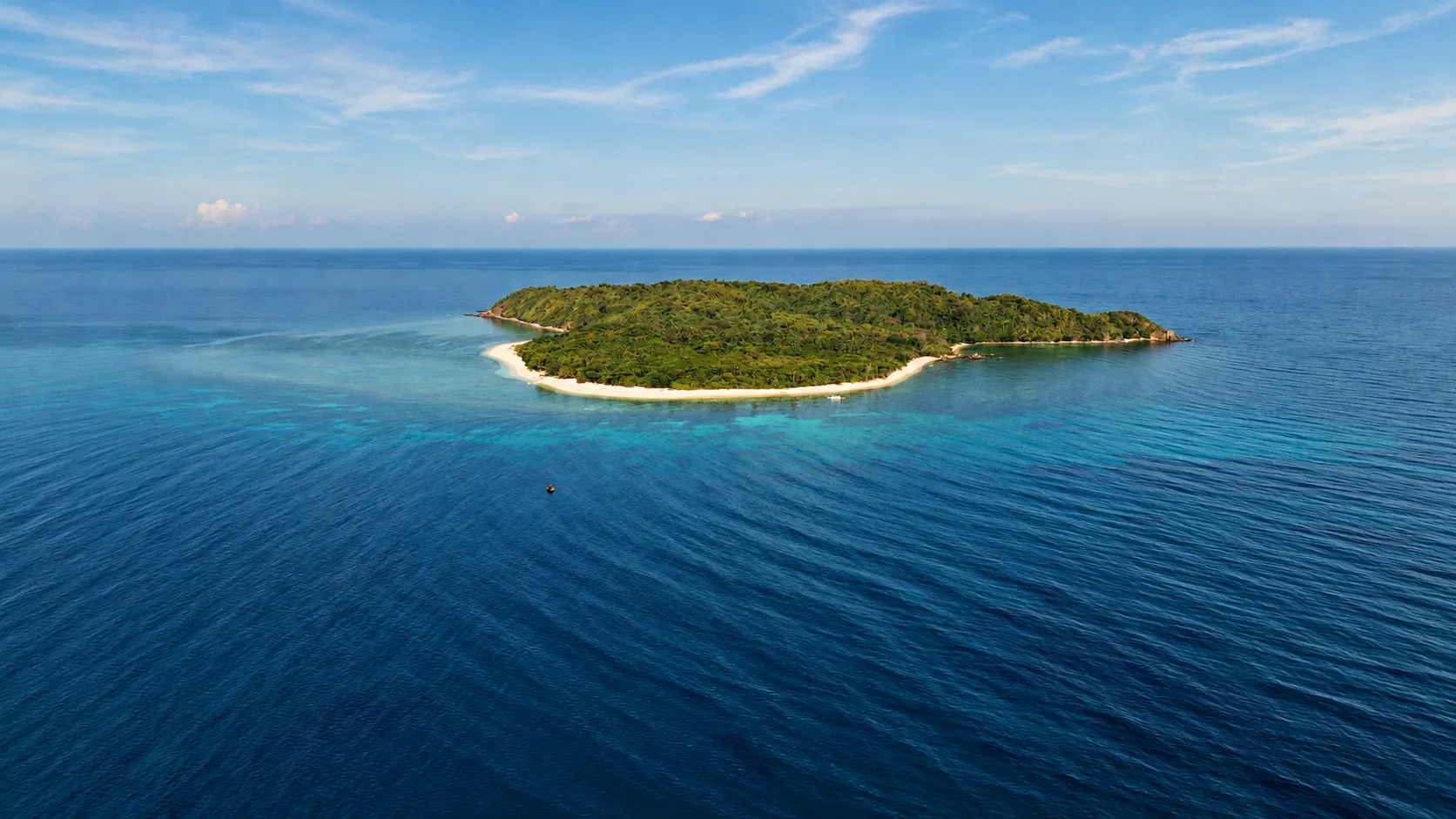Aerial view of a small untouched forested island ringed by white sand in deep blue ocean