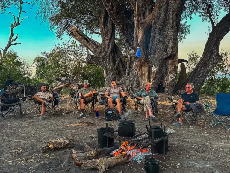 A group of five men relaxing in foldable camping chairs around a campfire beneath a large, ancient tree on a deserted.