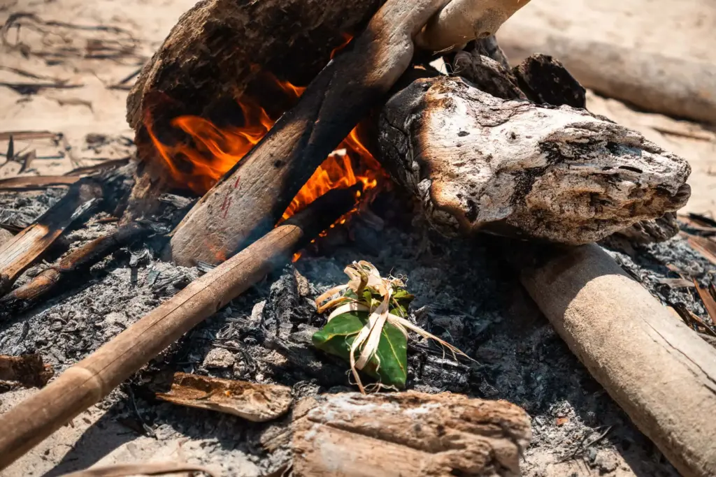 Smoldering campfire with driftwood and dried leaves on a sandy desert island beach.