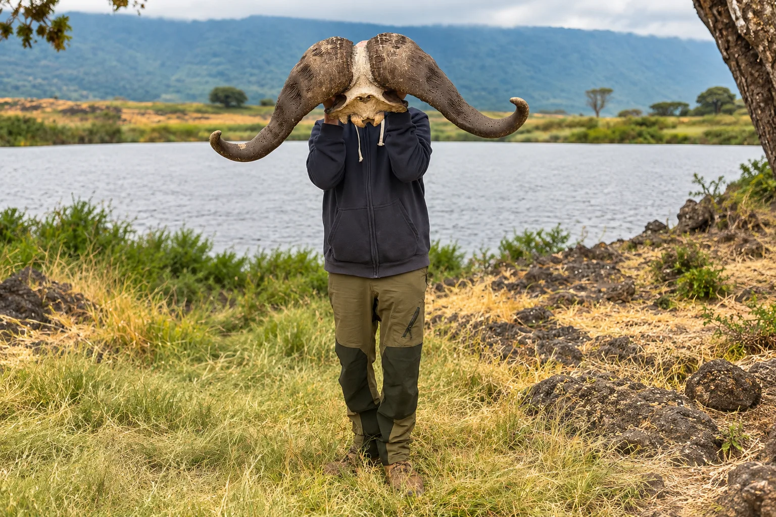 Person wearing a buffalo skull mask in the African savanna