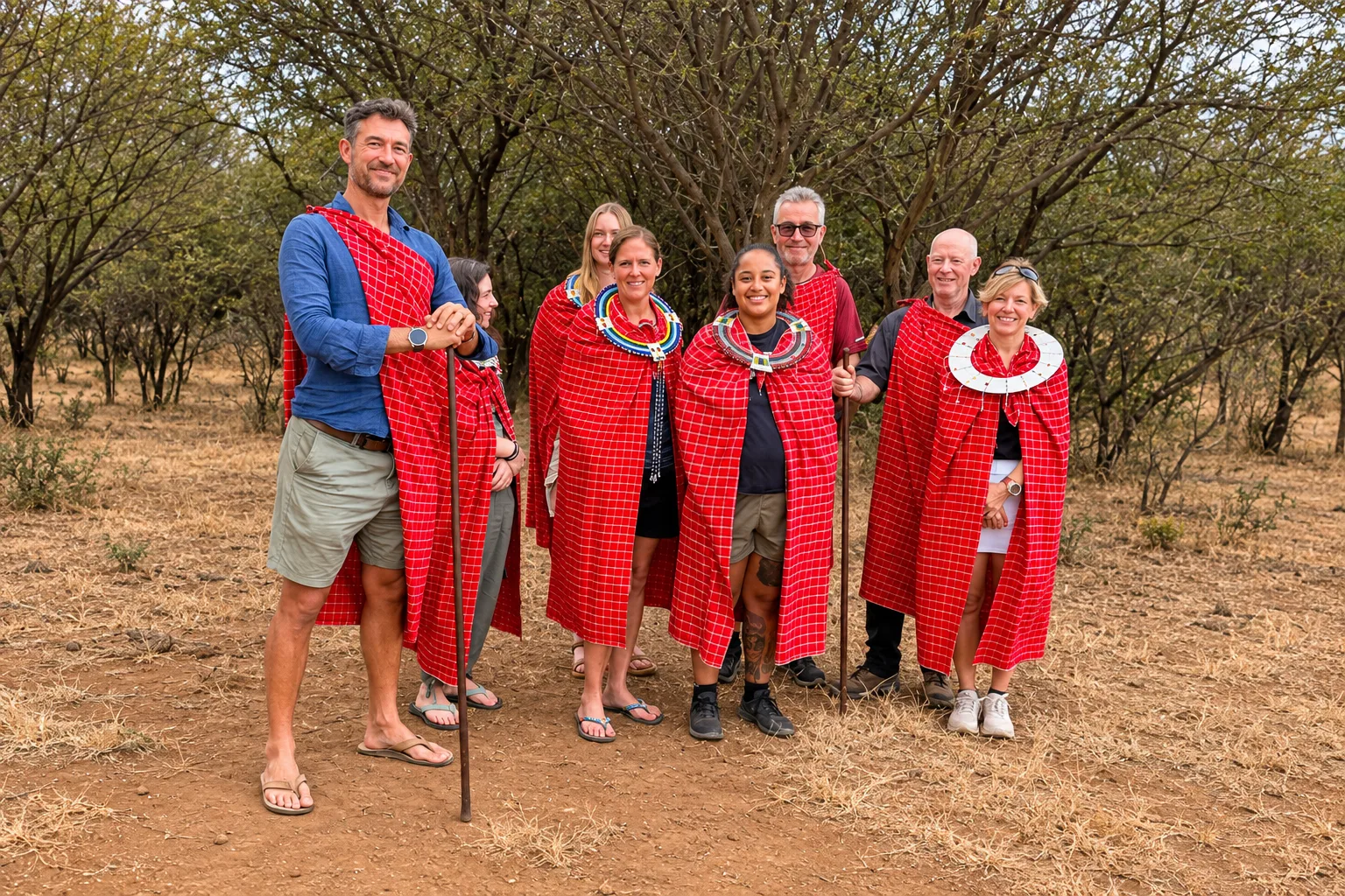 Tourists in traditional Maasai red shuka and jewelry pose for a photo.
