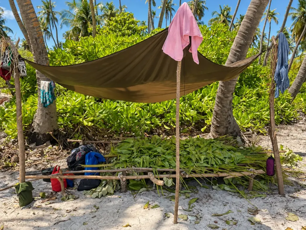 A tarp and palm-frond survival shelter under the island palms