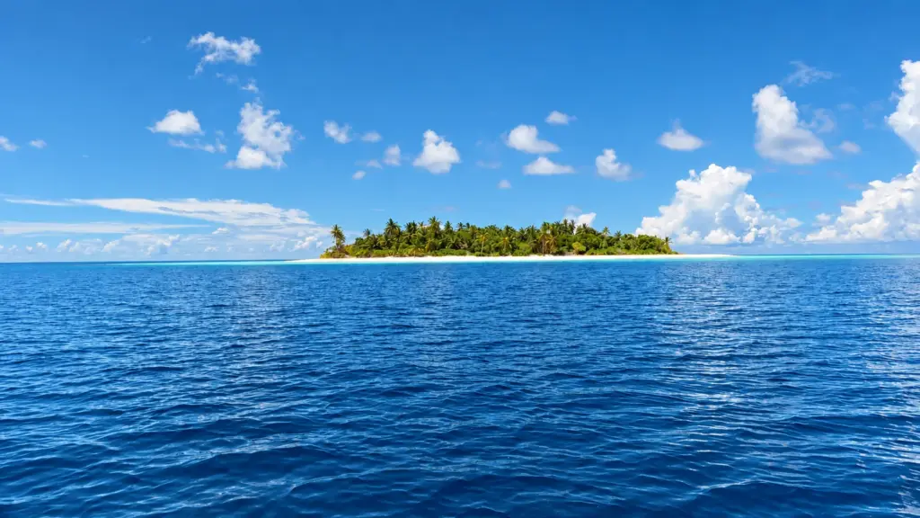 A small palm-covered desert island on the horizon of the deep blue Indian Ocean