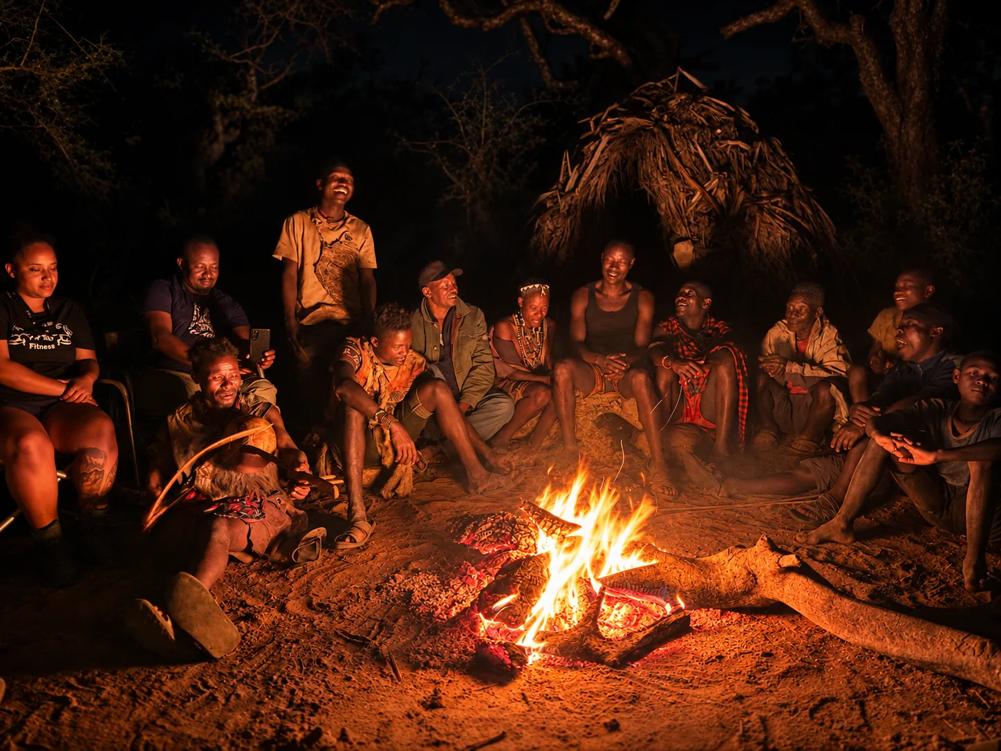 Tanzania tribal group around a campfire at night, sharing stories and laughter.