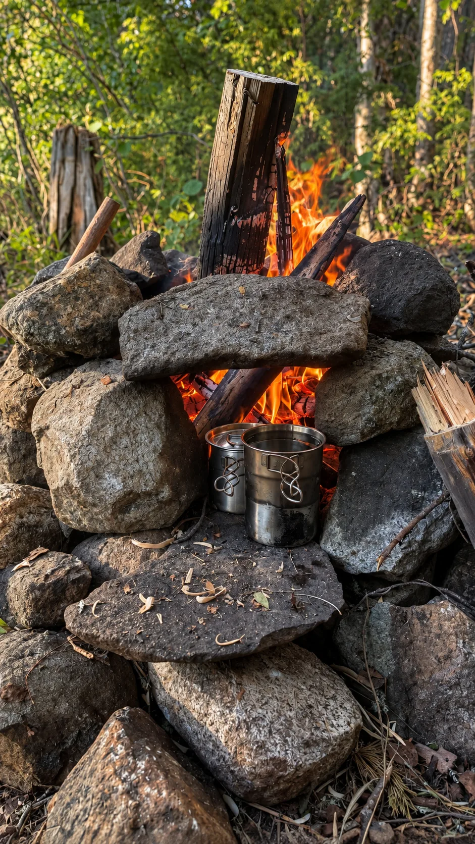 Campfire with metal mugs warming by the flames, surrounded by rocks and forest.