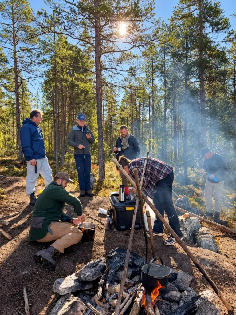 The group cooks over a smoky campfire in the sunlit pine forest