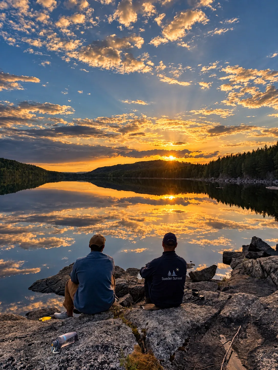 Two men watch a stunning sunset over a calm lake in Sweden.