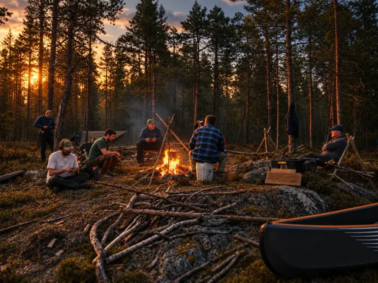 Campers gather around a campfire in a Swedish forest at sunset.