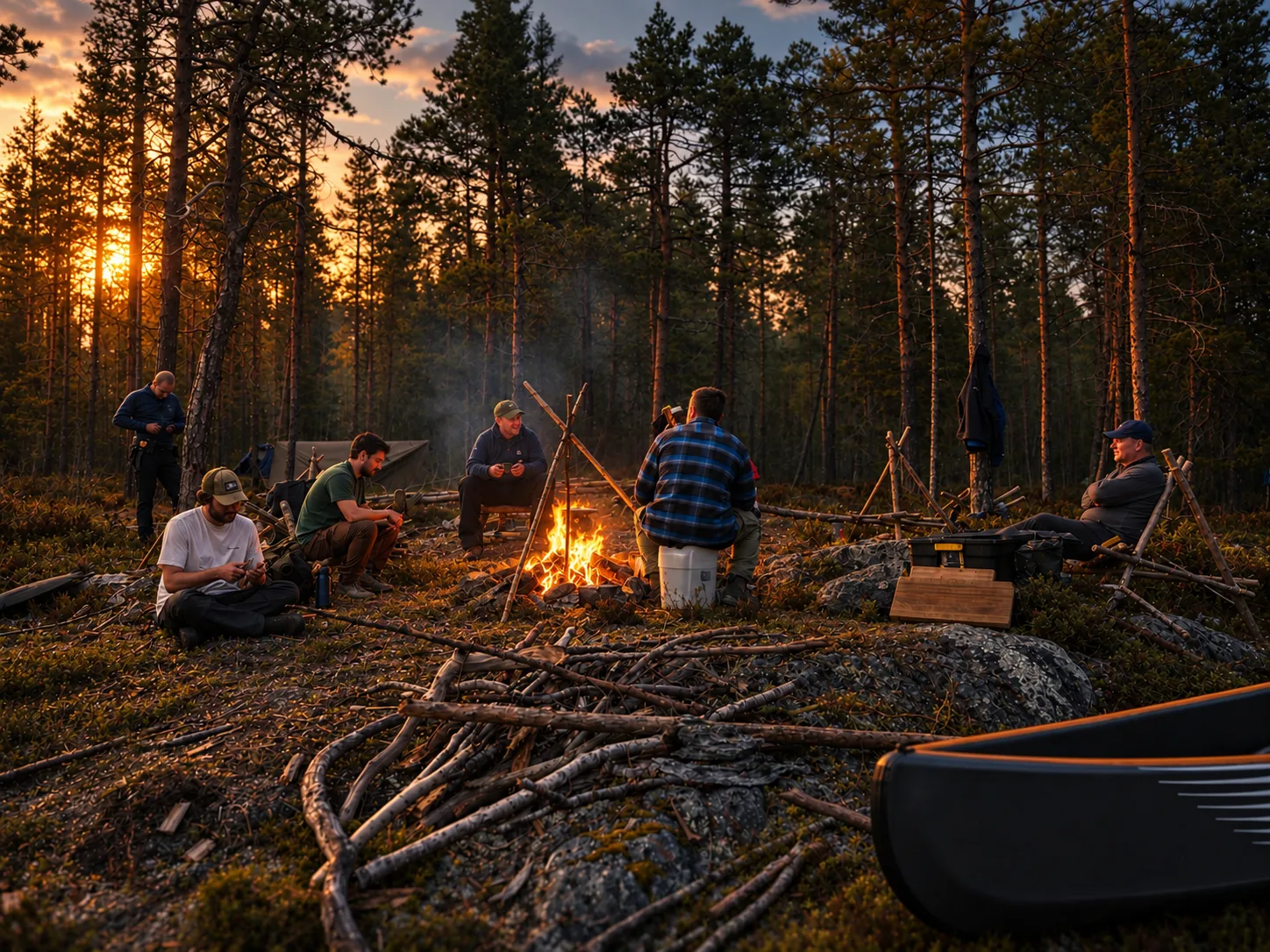 Campers gather around a campfire in a Swedish forest at sunset.