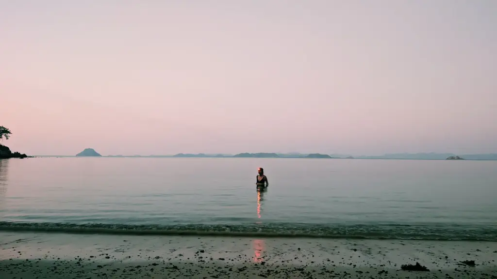 Person wading in calm ocean at dusk, with distant islands and a tranquil, survival expedition setting.