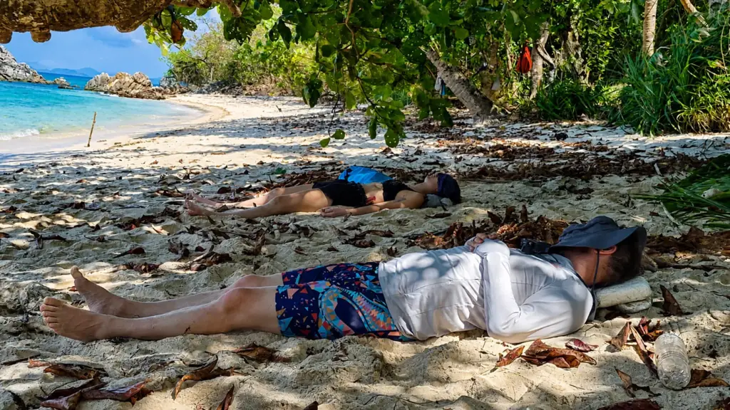 Two people relax on a sandy beach under a palm tree, with turquoise water in the background.