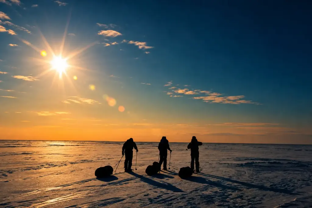 Three explorers pull sleds across a snowy landscape at sunset.