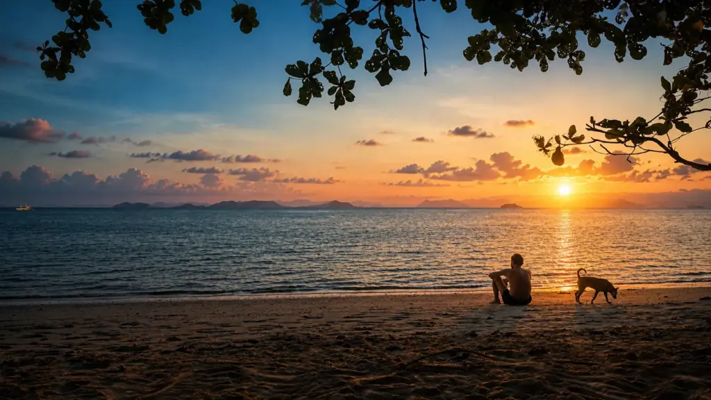 Man and dog watch sunset on a tropical beach