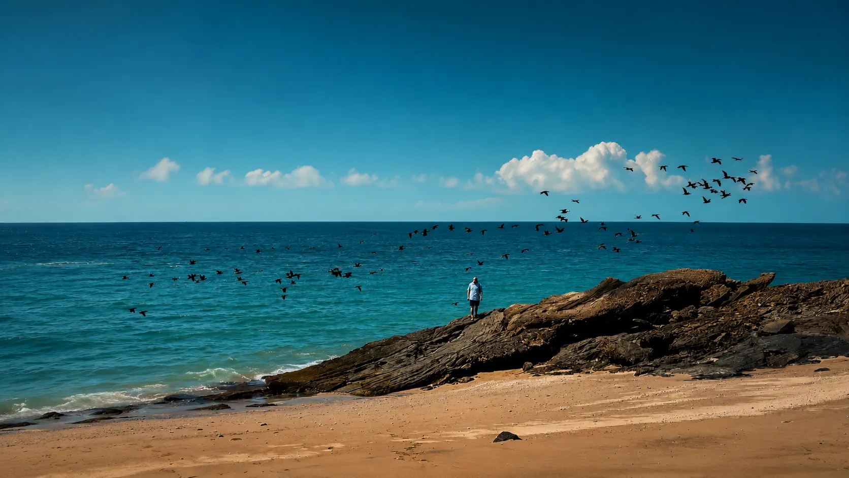 Man on rocky shore watches flock of birds fly over turquoise ocean