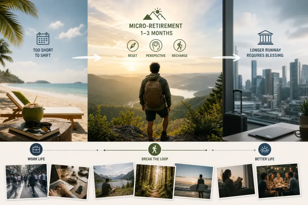 Micro-retirement: beach, mountains, city. Break the loop: work, nature, better life.