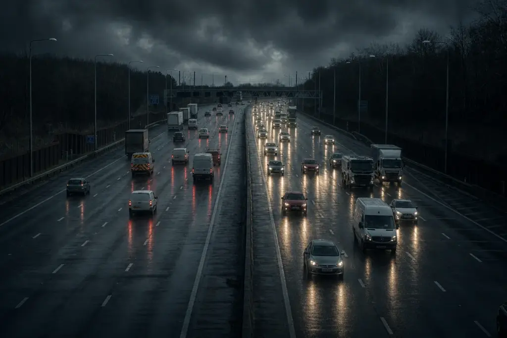 Rainy highway at dusk with traffic flowing under cloudy skies.