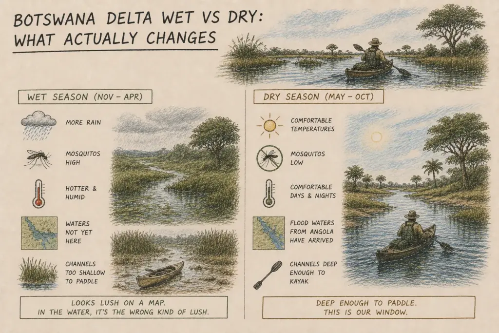 Comparison of wet and dry seasons in Botswana Delta, showing changes in rain, temperature, mosquito presence, and water levels