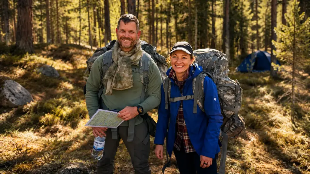 Couple with backpacks in forest holding map, preparing for survival expedition honeymoon.