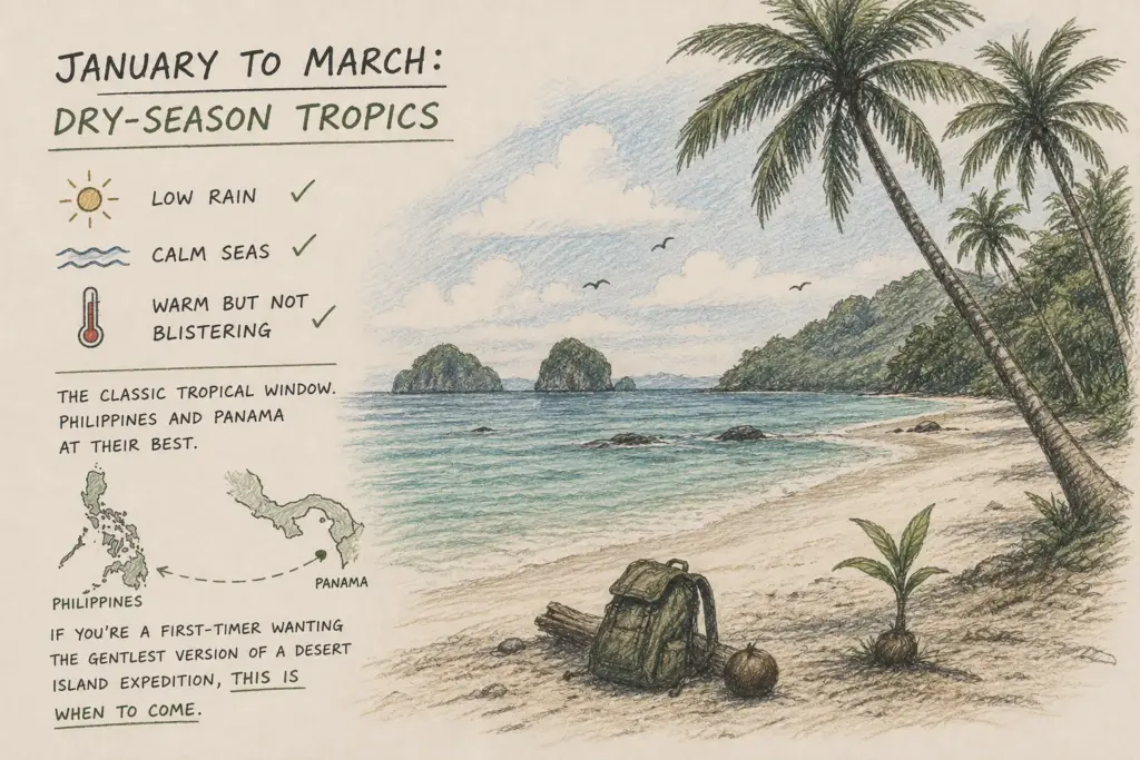 Survival expedition planning calendar with natural window, wildlife events, and personal schedule