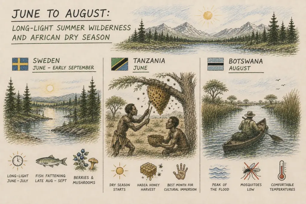 June-August: Sweden, Tanzania, Botswana seasonal wilderness and dry season