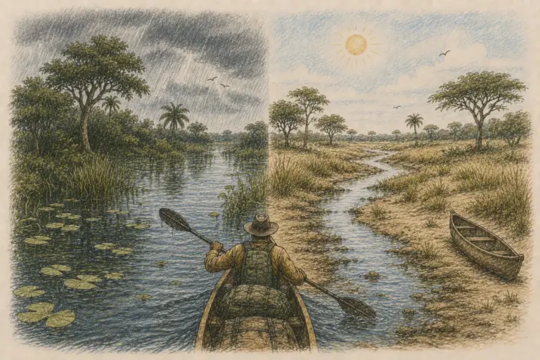 Illustration of a man paddling in a canoe during rainy and sunny weather
