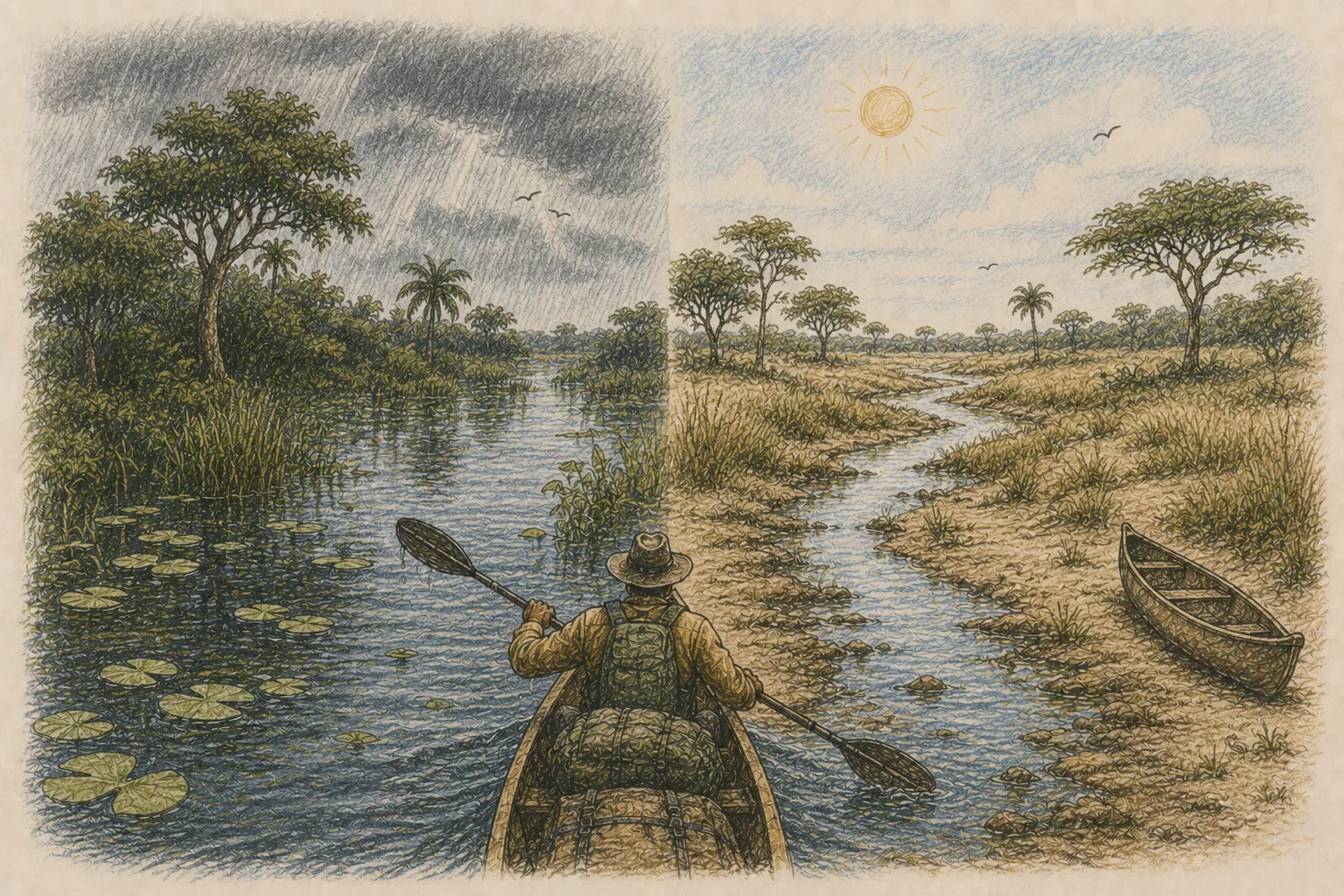 Illustration of a man paddling in a canoe during rainy and sunny weather